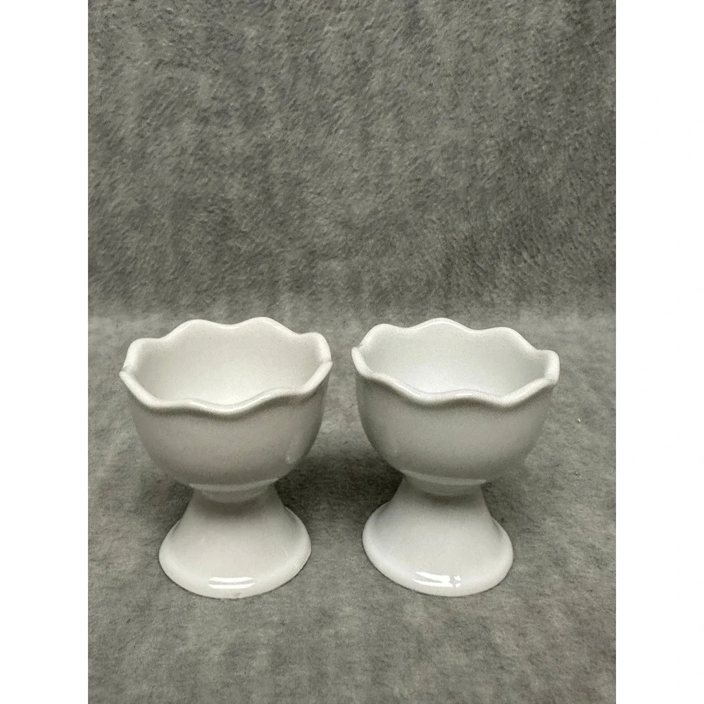 Pier 1 Egg Cup Set of 2 White Scalloped‎ Ceramic Pedestal Pair